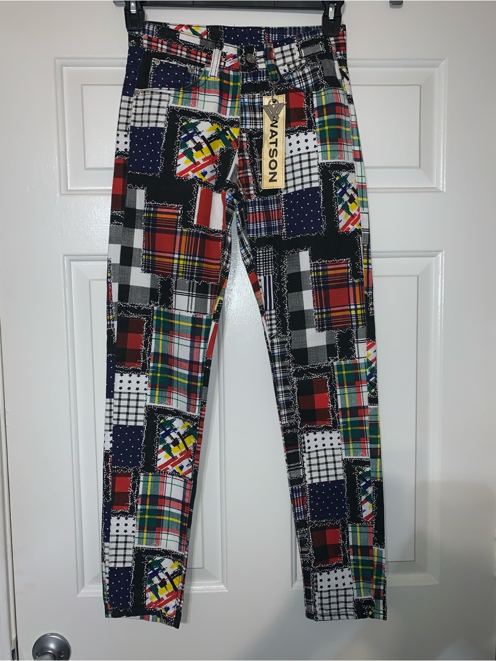 Watson Luxe Denim Patchwork Plaid Skinny Pants - Multicolor (Size 28)